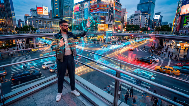 Urban technology specialist controlling real time traffic data above a busy city intersection - Powered by Adobe