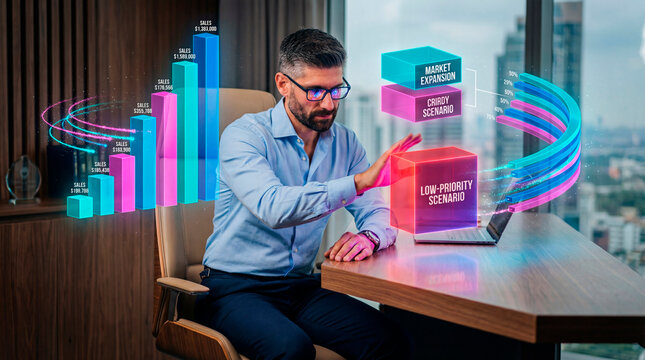 Business analyst evaluating market expansion scenarios using interactive sales data