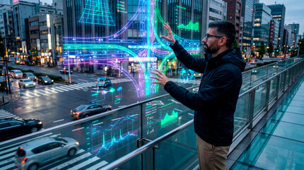Urban data analyst interacting with digital charts above a city street