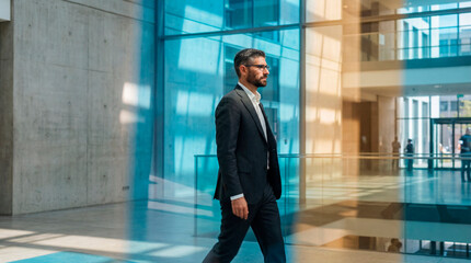 Business professional walking through a modern glass office building