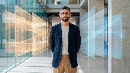 Focused corporate leader standing between opposing business perspectives