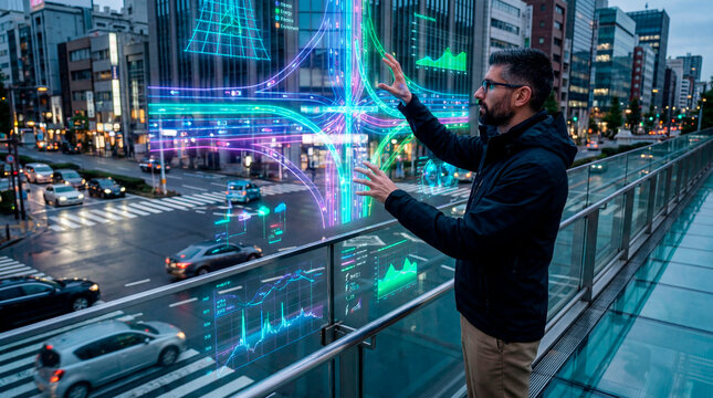 Urban data analyst interacting with digital charts above a city street - Powered by Adobe