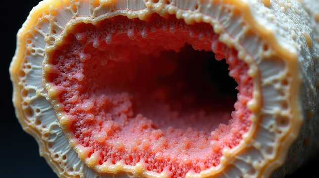 Vista macro de una secci&oacute;n transversal de hueso compacto que muestra tejido esponjoso poroso, bolsas de m&eacute;dula &oacute;sea roja y estructuras celulares intrincadas visibles dentro de la cavidad