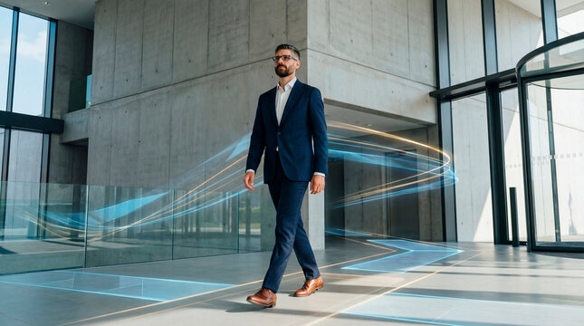 Senior business executive walking confidently through a modern corporate building