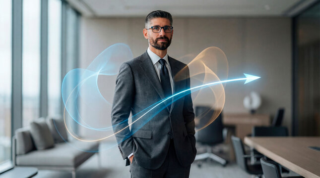 Senior businessman executive presenting business direction inside a modern office
