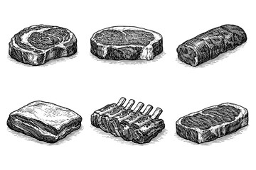 Hand drawn meat cuts set: detailed vintage sketches of beef, pork, and lamb