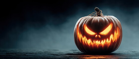 Glowing carved pumpkin for halloween dramatic background