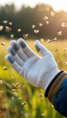 A beekeeper&rsquo;s gloved hand surrounded by bees, illustrating careful handling, safety awareness, and the potential risks such as bee stings and hand swelling during close interaction with hives.