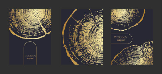 Set of templates with wooden textures backgrounds Luxury golden wood grain collection for cards banners with place for text Elegant textures featuring growth patterns with circles Vector vertical card