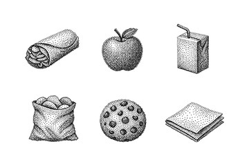 Halftone style food icons: burrito, apple, juice, chips, cookie, napkin