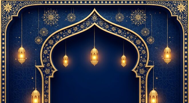 Ornate islamic arch background with glowing lanterns