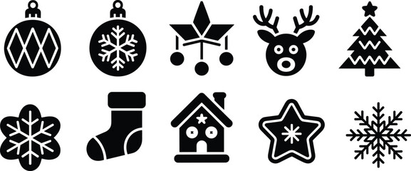 Christmas and winter holiday icon set featuring ornaments snowflakes reindeer tree stocking and festive decorations black vector symbols © LatifunNahar