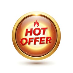 Glossy golden circular badge with bright red text saying hot offer and a small flame icon above on a white background
