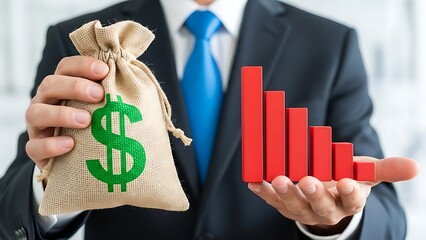 Businessman holding a money bag with a dollar sign and a declining red bar chart symbolizing financial loss economic downturn or investment