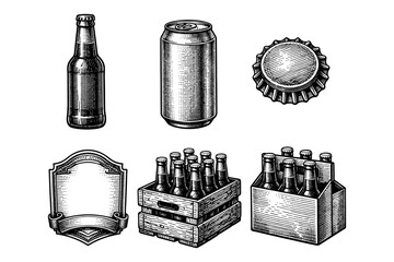 Retro beverage set with bottles, can, and cap in engraved style