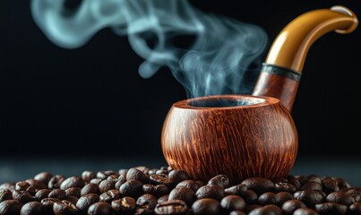 Smoking Wooden Tobacco Pipe Resting on Roasted Coffee Beans Against a Dark Background