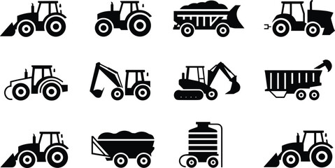 Construction and agricultural machinery icon set featuring tractors excavators dump trucks trailers and equipment, black vector industrial symbols isolated © LatifunNahar