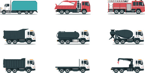 Construction and service truck vector set featuring dump, fire, tanker, crane, cement, flatbed vehicles illustrations for industrial logistics © LatifunNahar