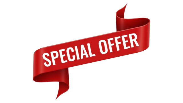 Red textured paper ribbon banner with special offer text isolated, horizontal red label with special offer typography for sale, high quality special offer png photo - Powered by Adobe