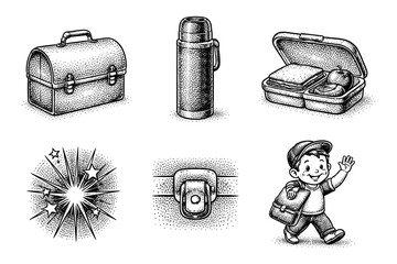 Retro school lunch concept with dots: vintage bags, food, and happy child