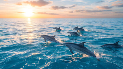 Naklejka premium Pod of dolphins jumping out of the ocean at sunset