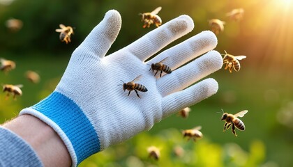 A beekeeper&rsquo;s gloved hand surrounded by bees, illustrating careful handling, safety awareness, and the potential risks such as bee stings and hand swelling during close interaction with hives.
