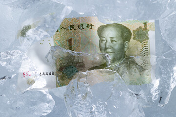 Chinese Yuan Banknote Frozen in Cold Ice