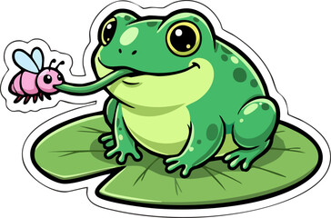 Fototapeta premium Cute cartoon green frog catching an insect on a lily pad
