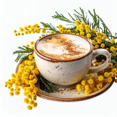 Invigorating cappuccino adorned with bright mimosa blooms on white background
