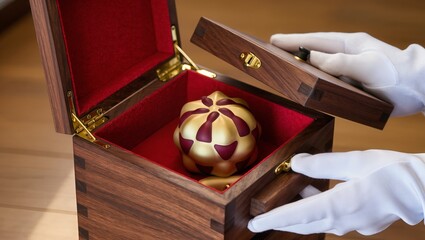 Hands in gloves opening wooden box with red velvet lining, revealing decorative Christmas ornament, illustrating holiday decorations, gifts, and festive traditions