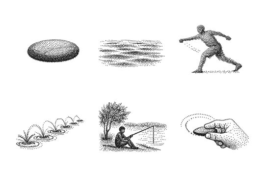 Pointillism art: skipping stones and fishing scenes in dotted style