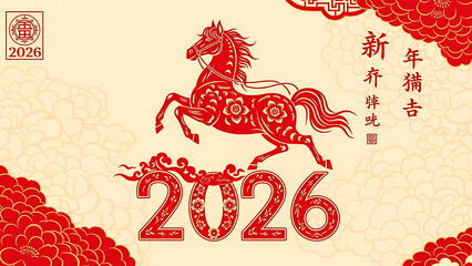 ia generated. Lunar New Year 2026 with a horse and gold details. Modern abstract design representing energy, prosperity, and good fortune.