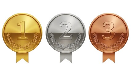 Three realistic achievement award medals representing first second and third place recognition featuring gold silver and bronze finishes