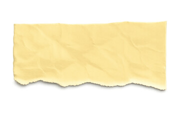 Fototapeta premium Torn wrinkled yellow paper strip textured banner with ripped edge. Empty aged parchment isolated on transparent background