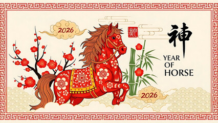 ia generated. Lunar New Year 2026 with a horse and gold details. Modern abstract design representing energy, prosperity, and good fortune.