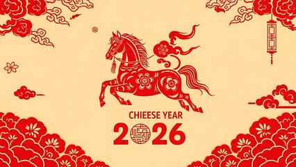 ia generated. Lunar New Year 2026 with a horse and gold details. Modern abstract design representing energy, prosperity, and good fortune.