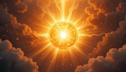 Bright orange and yellow light emanating from an abstract heavenly ball represents energy, spiritual rebirth, and fresh starts.