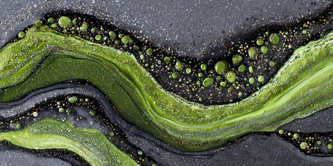 Abstract close-up of swirling green and black textures with glittery accents.