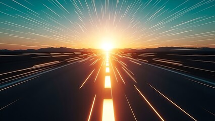 Abstract visualization of traveling down a futuristic highway at extreme velocity toward a bright centralized orange sunset horizon with light