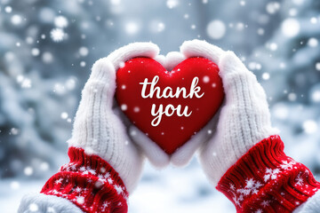 Cozy Hands in Mittens Holding Red Thank You Heart in Snowy Winter Scene for Holiday Greetings and Appreciation