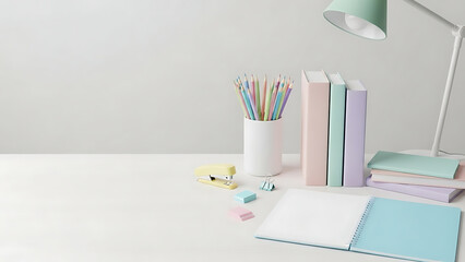 School supplies organized in pastel colors, minimalist style, with space for message
