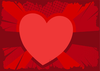 Red heart on comic pop art background with sunburst and dots, vector illustration