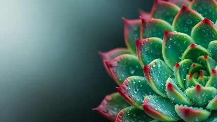 Detailed macro photograph of a vibrant green succulent plant with red tipped leaves covered in glistening dew drops against a soft teal gradient