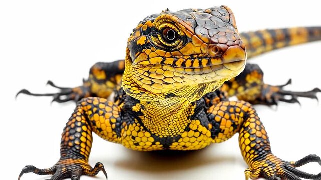 Colorful young lizard crawling forward on white background.