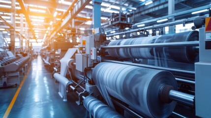 Brightly lit textile factory floor with automated looms and fabric rolls