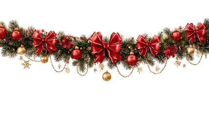 Festive garland featuring bows, ornaments, and greenery. Seamless repeat pattern for holiday design