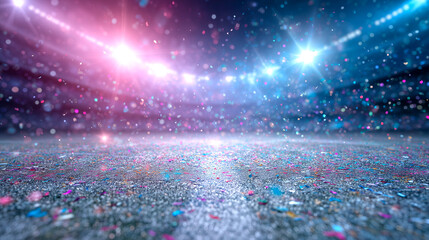 Stadium with a blue field and pink and purple lights