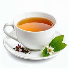 Aromatic herbal infusion in a pristine white teacup against a clean background