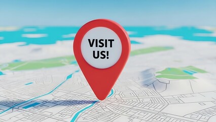 Bright red location pin with the message visit us displayed on a stylized abstract city map with a blurred blue sky background