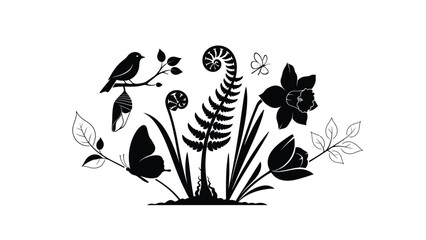 Naklejka premium Black silhouette illustration of a bird on a branch with flowers, leaves, butterfly and fern, on a white background with nature and graphic